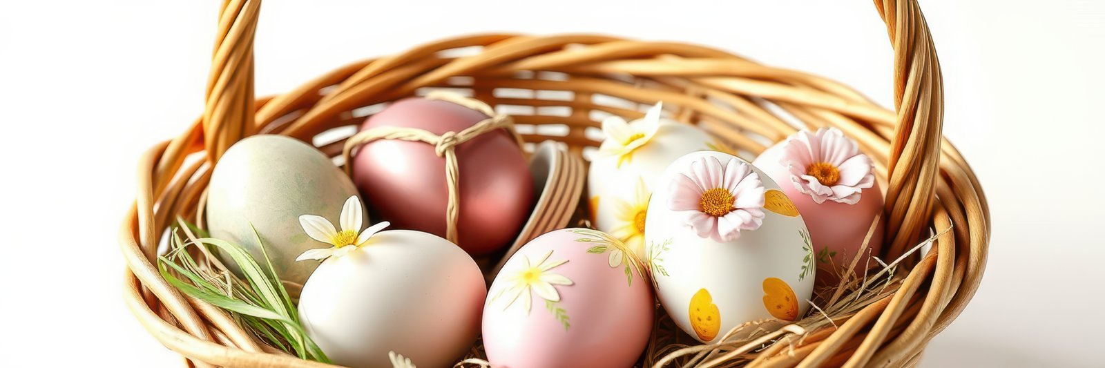 Decorative Easter eggs arranged in a woven basket for spring celebration and festive gathering